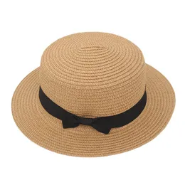 Fashion Summer Female Wide Brim Beach Hat Flat Top Vacation Seaside Sun Protection Big Straw Bow Decoration Adjustable Cap