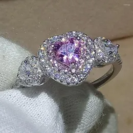 Cluster Rings Lovers Ring per le donne Splendidi gioielli di lusso Pure 925 Sterling Silver Pink 5A CZ Wedding Heart Band Never Fade