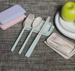 Учетные посуды наборы juego de cubiertos tenedor paja trigo porttil palillos plegables cuchara con caja picnic camping vajilla