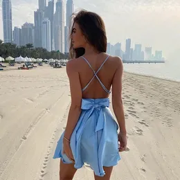 Casual Dresses Summer Women's Mini Dress Sexig ihålig backless Beach Party Big Swing Bow High midja Prom Nightclub Suspender Costume 2023