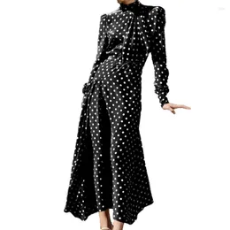 Lässige Kleider Est High Street Fashion 2023 Designer Runway Kleid Frauenständer Kragen Langarm Rüschen weiß Punkt Schwarze Asymmetrie