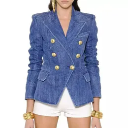 HIGH STREET banquet Wedding Cocktail Party Designer Blazers Jackets Women's Metal Lion Buttons Double Breasted Denim Blazer Outer Coat