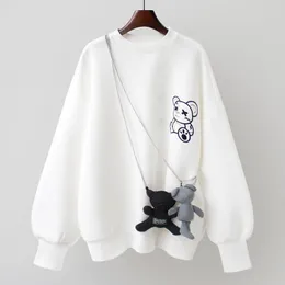 Women's Hoodies Sweatshirts White Capless Pullover Midlength Bear Spring Autumn Trend Tops Korean Loose Thin Coat Kawaii Long Sleeve Tshirt 230311