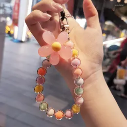 Keychains mobiltelefon LANYARD PORTABLE INS Wind Handpeded Crystal Keychain for Women Short Anti-Lost Wrist Rope Macaron Color Pärlor