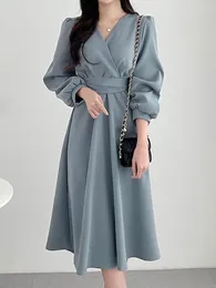 Casual Dresses Sister Fara Long Sleeve A-LINE For Women's Spring Cross Lace Up Autumn Elegant Female High Waist Mid Dress