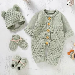 Rompers födda baby romper skor handskar set stickad tjej pojke jumpsuit boot mitten solid småbarn spädbarn långärmad kläder 4 st fall 018m 230311