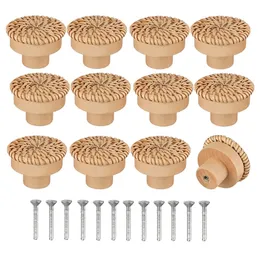 Handles Pulls Boho Rattan Dresser Knobs Round Wooden Drawer Knobs Handmade Wicker Woven And Screws For Boho Furniture Knobs 230311