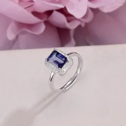 Cluster-Ringe für Frauen, edler Schmuck, massives S925-Silber, 8 6 mm, Tansanit, natürlicher blauer rechteckiger Edelstein, verstellbarer Ring, Bijoux R-TA001