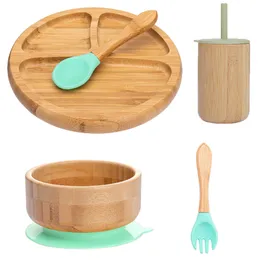 カップ料理の調理器具Bopoobo5pcsset Children's Tableware Babyware Baby Bowl Plate Fork Spoon Cup Suction Feeding Food Bamboo Tableware bpa free nonslip 230311