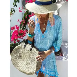 Sarongs Salidas De Playa Para Mujer 2023 Moda Donna Estate scollo a V a maniche lunghe Bohemian Casual Beach Dress Sukienka Plazowa Pareo D