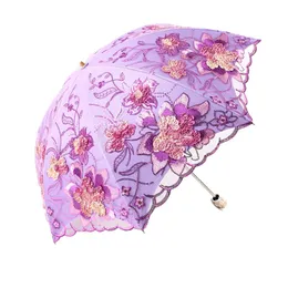 Paraplyer utsökta broderi parasol för kvinnor tvåfaldigt UV-paraply kvinnlig konstnärlig spets solskade trevlig gåva