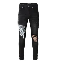 Mäns jeans 2023 New Crystal Thrasher Jean Tactical Cargo Mens Slim Distressed Denim Designer byxor med hål bokstäver trasiga trasiga knä rippade