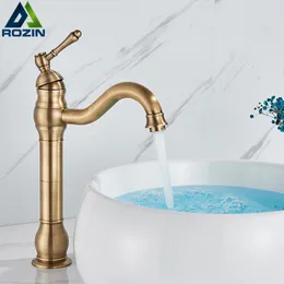 Bathroom Sink Faucets Rozin Antique Brass Basin Faucet 5 Colors Deck Mounted Single Handle Bathroom Crane Long Spout Lavatory Sink Cold Mixer Tap 230311