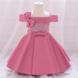 Girl Dresses PLBBFZ Pink One Word Neck Bow Birthday Dress For 1 Year Baby Baptism Bridesmaids Party Wedding Princess Prom