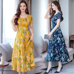 Casual Dresses Summer Korean Dress Women's Casual Short Sleeve Temperament Large Yellow Red Flower Round Neck Dress 230313