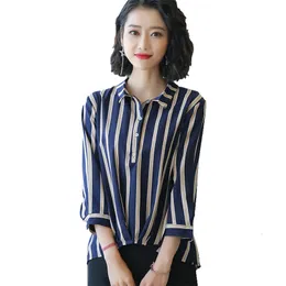 Women's Blouses Shirts VogorSean Summer Women's Blouses Shirt 7/10 Sleeve Fashion Plus size Stripe Women Blouse Blue Tops 230313