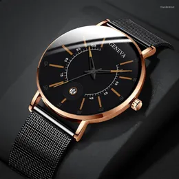 Armbandsur Genève tittar på män affärsklockor balck rostfritt stål mesh band kalender kvarts relogio masculino reloj hombrewristwatches th