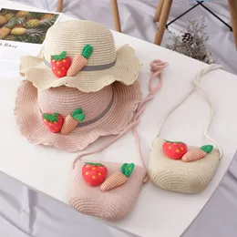 Cappelli Cappelli 2 pezzi / set Bambina con borsa Cappello fatto a mano Estate Carota Secchio Berretto Carino Fragola Borsa a tracolla Borsa in paglia Accessori intrecciati 230313