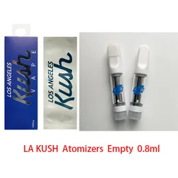 Empty 0.8ml Atomizers LA KUSH Glass Tank Ceramic Coil Press Fit 510 Thread White Vape Cartridges With Carton Packaging Carts Wholesale