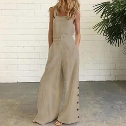 Women's Jumpsuits Rompers Women Jumpsuit Summer Sleeveless Solid Color Wide Leg Pockets Loose Strappy Playsuit Overall Wide Leg Pockets mono mujer verano 230313