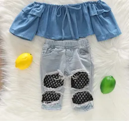 Set di vestiti per bambina primavera autunno Set per bambini con spalle scoperte Top a maniche lunghe Pantaloni in denim con foro in rete Abiti alla moda per bambini