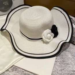 Folha de lótus elegante senhora chapéus de aba larga cor dupla camélia chapéus de palha listrado fita cúpula chapéus de sol