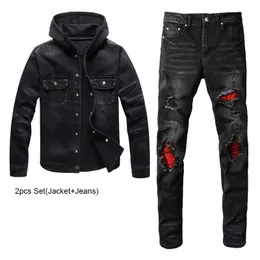 2023 Träningsoveraller Punk Street svarta byxsatser för män vårjacka med huva i jeansjacka och slitna lappar Stretchjeans Vintage 2st herrkläder