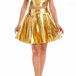 Spódnice mini letnie plisowane kobiety błyszczące wysoką talię Polies Poliester Gold A-Line Srebrny