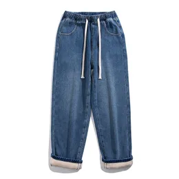 Männer Jeans Winter Männer Warme Baggy Jeans Streetwear Koreanische Mode Denim Breite Bein Hosen Fleece Dicke Casual Hosen Männliche Marke Blau 230313