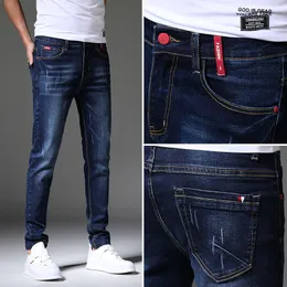 Jeans masculinos Brand Biker Jeans Men Streetwear Long Slim Denim Pant magro da cintura média elástica de moda de moda Jeans 230313