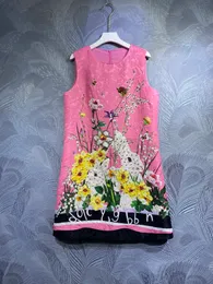 Dress Designer fashion animal flower print handmade beaded spring/summer 2023 short sleeve loose round neck dress monochrome S-XL