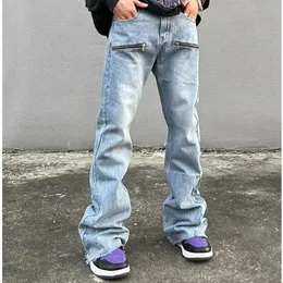 Mäns jeans vibe stil blixtlås retro tvättade baggy män flare jeans byxor streetwear hip hop wide ben rak denim byxor ropa hombre 230313