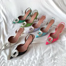 Echte Leder dermale Außensohle Amina Muaddi Sandalen Begum Kleid Schuhe kristallverzerrte Schuhspulen Heels Sandalen Schuhe Frauen Luxusdesigner Slingbacks Slingbacks