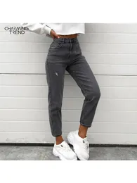 Womens Jeans Tight Elastic Feet Pants Nine Estruerad Autumn Winter Vintage High midje denim Byxor Gray 230313