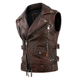 Men's Jackets Vintage Brown Motorcycle Vests Men Natural Cowhide Genuine Leather Jacket Sleeveless Men's Riding Vest Motor Biker Jackets 230313