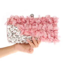 Kvällspåsar Eleganta kvinnor Crystal Bling Diamond Day Clutches Pink Flower Party Bridal Wedding Handväskor och Purses Bankettkedja 230313