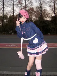 Gonne Sweet Lolita giapponese Mini abito di sfera Donna Harajuku Cute Denim Stile preppy Ragazze Vita alta Torta di pizzo Kawaii 230313