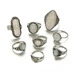 Solitaire Ring Tocona Vintage Antique Silver Color Rings sätter färgglada Opal Crystal Stone Carve för kvinnor Män Bohemiska smycken Anillos 6421 Z0313