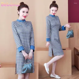 Etnisk kläder Vintermatta plus storlek M-4XL Blue Lattice Vintage Party Cheongsam Dress for Women Long Sleeve Qipao Traditionell kinesisk