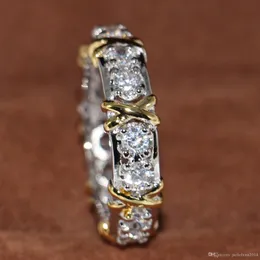 Engagemang diamantring äktenskap simulerad diamant 10kt whiteyellow guldfylld bröllopband korsring storlek 5-11