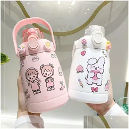 Water Bottles Bottle 1000Ml Kawaii Pastel Sticker Thermos With St Stainless Steel Insated School For Children Girl Gift Drop Deliver Dhgj9