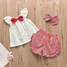 Kläduppsättningar småbarn baby barnflicka spetsling slips solida toppar rand ruched shorts hårband set långärmade pyjamas flickor