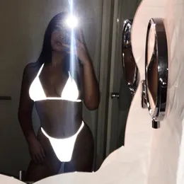 Women's Swimwear Reflective Bikini Set Summer Beach Female's Sexy Silver Luminous Split Swimsuit 230313