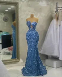 Luxury Mermaid Prom Dresses Sleeveless V Neck Strapless Appliques Sequins Floor Length Celebrity Diamonds Pearls Evening Dress Bridal Gowns Plus Size Custom Made