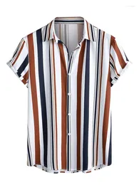 Camisas casuais masculinas zaful camisa masculina vertical listras mistas botão-up roupas blusa de seda topo de manga curta para homem 2023