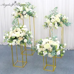 Decorative Flowers Wreaths Shiny Gold-Plated Geometric Shelf With Gilded/Acrylic Cover Artificial Flower Ball Stand Wedding Centerpiece Scene Layout Frame 230313