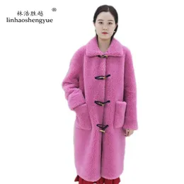 여자 모피 가짜 linhaoshengyue 2023 봄 여성 블렌드 울 90cm lenght 코트 가을 패션