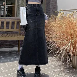 Kjolar lucyver y2k gothic svart jean kjolar kvinnor streetwear hög midja smal passande lång kjol kvinnlig vintage med fickkärl kjolar 230313