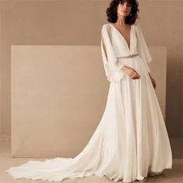 French Wedding dresses Vintage Light Yarn New Bridal Deep V-neck Slim and Simple Drop Chiffon QW33