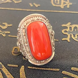 Anelli a grappolo Design tridimensionale Argento intarsiato Tormalina rossa del sud Stile etnico Anello da uomo ovale regolabile Gioielli ruvidi